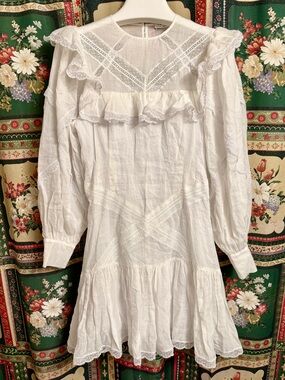 Sandro Paris Belem Dress Long Puff Sleeves Lace Ruffle Mini Ecru White NWT 36